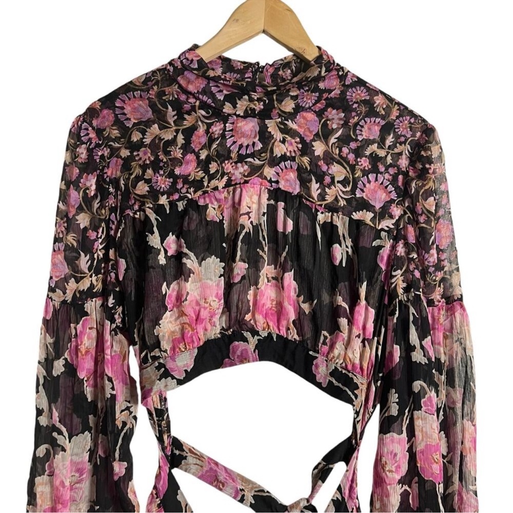 MISA Charlotta Black Pink Floral Print Long Sleeve Open Back Maxi Dress Size XL - Picture 5 of 12